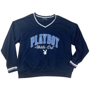 PLAYBOY size large Navy White V-Neck Sweater logo pullover